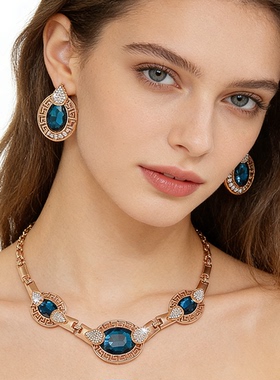 蓝色水晶项链耳环套装短款锁骨链