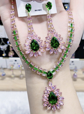 春夏欧美风超闪锆石项链耳环套装