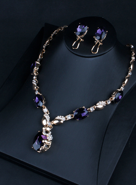 装饰项链女欧美奢华紫水晶宝石锁骨链个性耳环手链戒指套装毛衣链