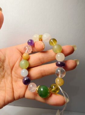 一图一物设计款多宝腕串天然多种水晶搭配绿紫白三色系10-13+mm