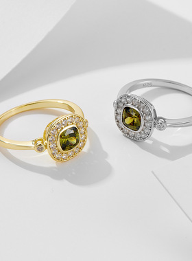 S925纯银橄榄绿锆石复古女戒