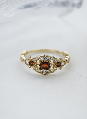 复古小方糖红石榴石925银戒指