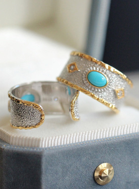 天然绿松石戒指民族风拉丝工艺