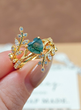 水草玛瑙S925银镶钻开口套戒女