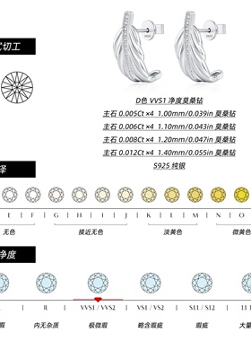 D色莫桑钻S925纯银羽毛耳钉