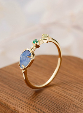 S925银镀14K金日系小众晶石戒指