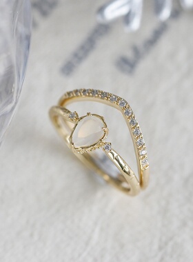 日系简约V形纯银镀金锆石戒指