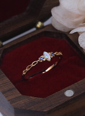 日系复古小众925银镀金欧泊戒指