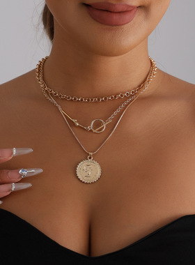 欧美跨境饰品复古经典人像信仰吊牌项链多层叠戴OT扣necklace颈链