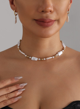 欧美跨境饰品扁平珍珠CCB拼接风项链小众设计感短款街拍necklace