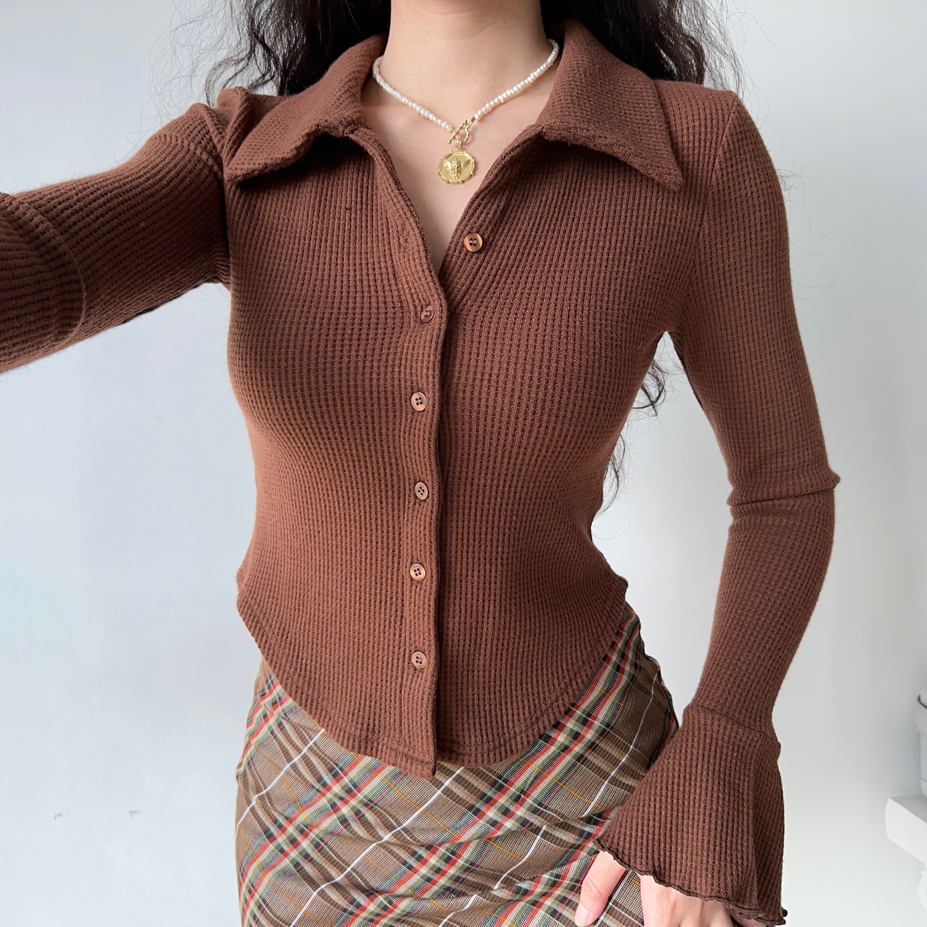 【清仓】Go Girl Go 自制欧美风弧形下摆衬衫女喇叭袖修身上衣,淘宝优惠券,粉丝福利购,淘宝优惠卷