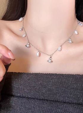 甜辣妹星球珍珠项链女小众设计感锁骨链水滴吊坠颈链配饰对版西太