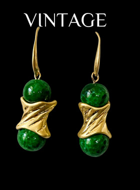 中古Vintage重工气质 绿蛙皮老料子琉璃项链手链耳饰套装典雅贵气