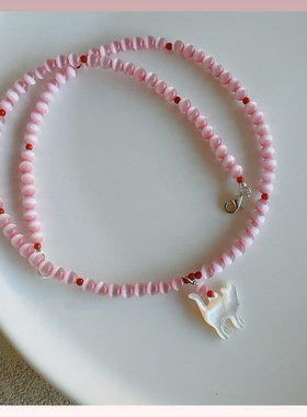 少女可爱粉色石红色白蝶贝猫咪串珠项链小众百搭锁骨链甜美可人儿