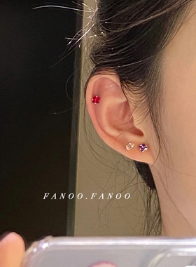 五彩色通体纯银镶钻锆石耳钉女