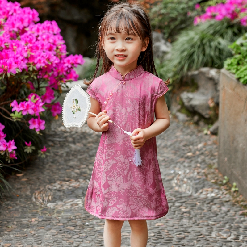 女童旗袍夏季薄款中国风儿童旗袍裙小女孩中式复古纯色唐装汉服潮 - 图1