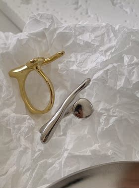 7 rings 极简风格ins冷淡不规则质感光面异形错边925银戒指