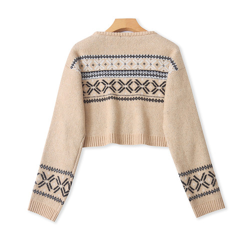 外贸短款圆领钩花毛衣秋 冬新款长袖保暖加厚针织衫休闲上衣22114 - 图0