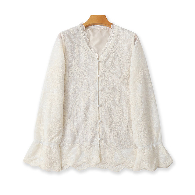 ການຖັກແສ່ວຫນັກ V Neck Lace Shirt ແຂນຍາວປຸ່ມ