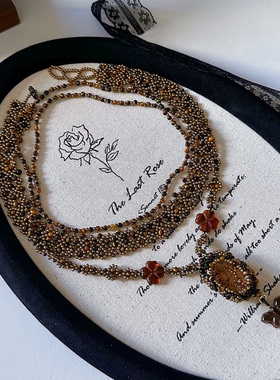 中古vintage复古做旧老钱风手作串珠虎眼毛衣链颈链短项链choker