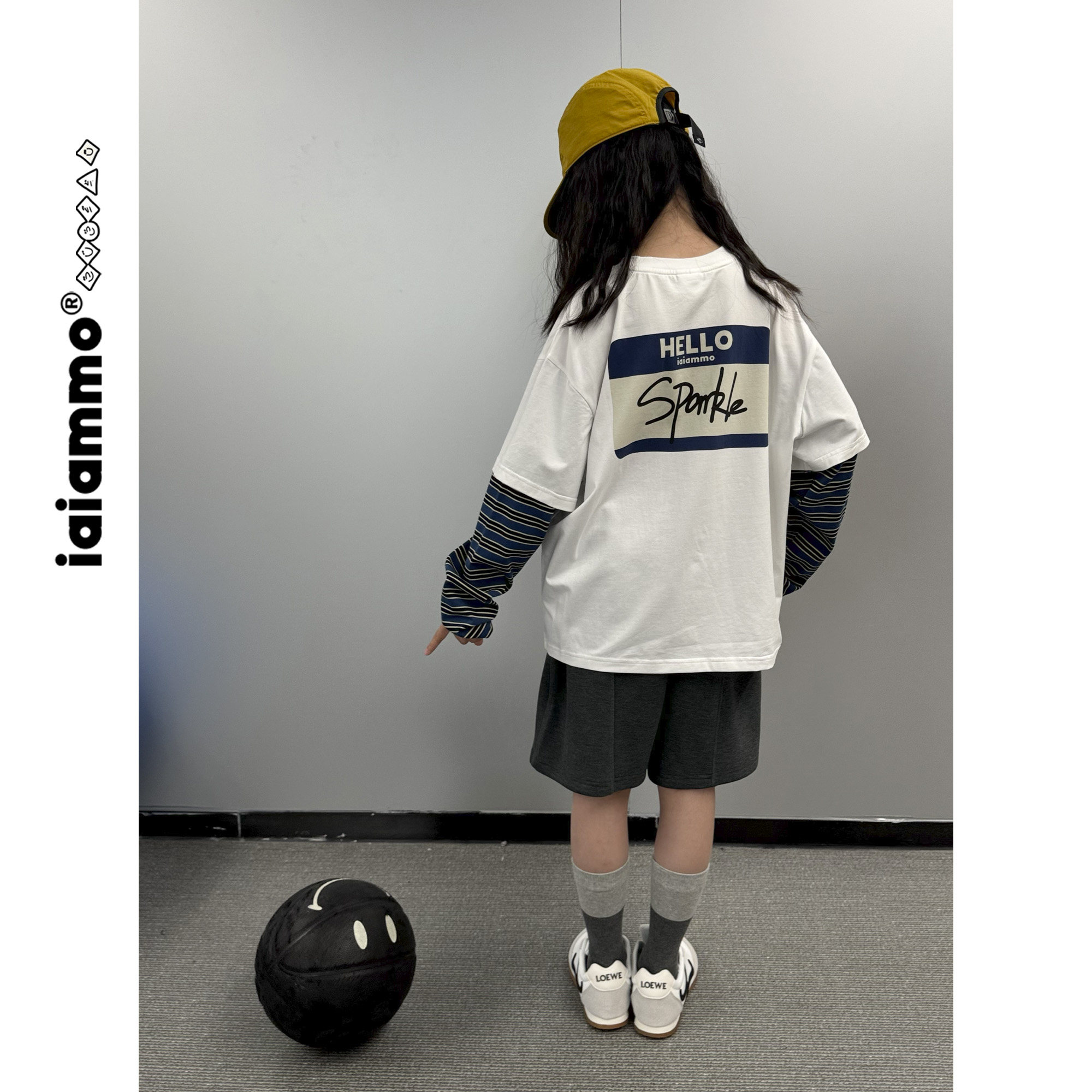 iaiammo丨原创设计25秋铭牌条纹拼袖假两件韩版男女中大童装长T恤,淘宝优惠券,粉丝福利购,淘宝优惠卷