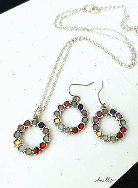 彩虹色哑光质感配饰项链耳环