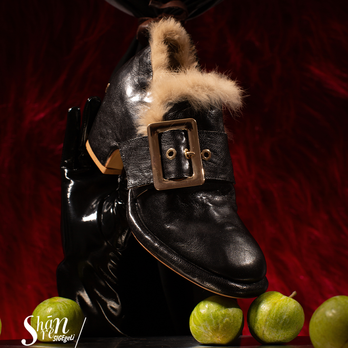 ShānRen高级感兔毛深口真皮单鞋女 法式复古保暖毛毛鞋子粗高跟 - 图0