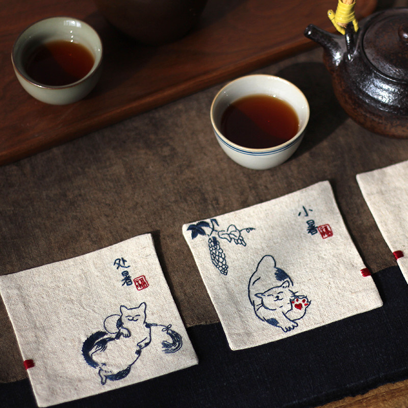24节气杯垫 中国古风手工刺绣棉麻隔热茶席杯托diy材料包┇吸猫记,淘宝优惠券,粉丝福利购,淘宝优惠卷