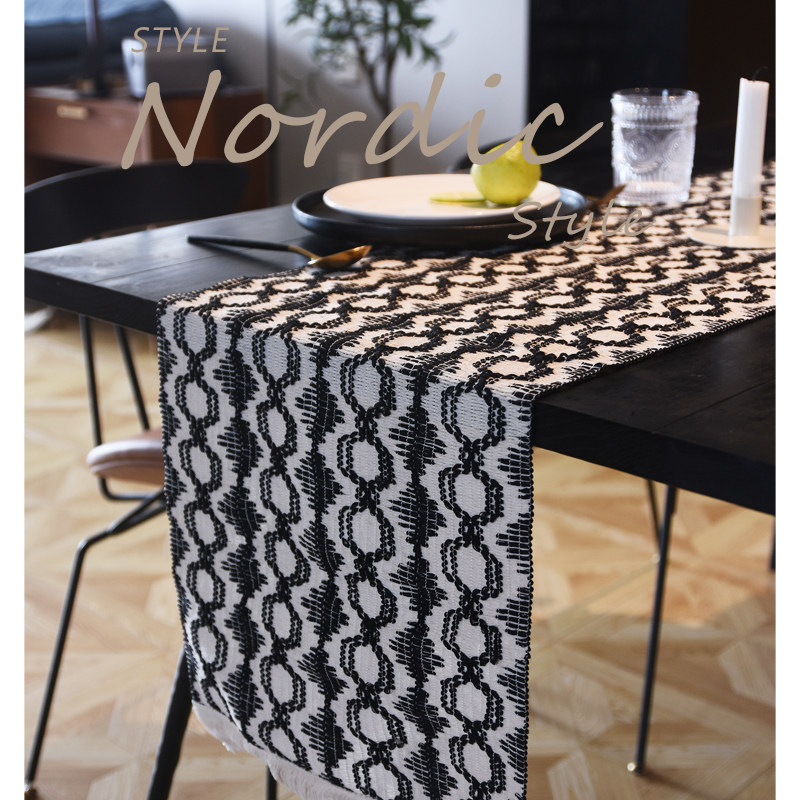 北欧黑白全棉线编织流苏桌旗摩洛哥电视柜长条装饰ins布艺高级感,淘宝优惠券,粉丝福利购,淘宝优惠卷