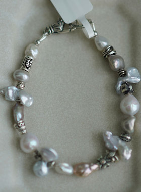 睡莲生生世世 原创设计银蓝色蝴蝶结珍珠925纯银手链小众不撞款