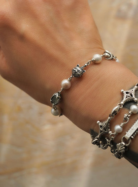 睡莲生生世世 原创设计925纯银猫咪星芒骨头熔岩元素复古宝石手链