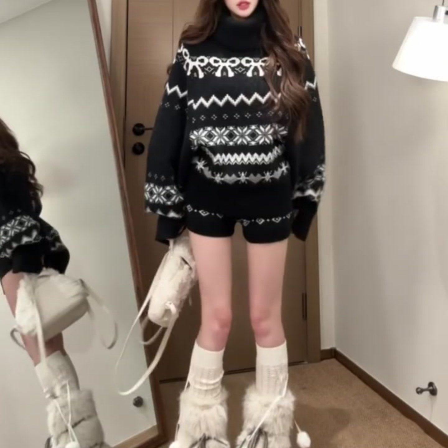 费尔岛套装女秋冬季小个子黑色加厚高领针织毛衣休闲短裤子两件套,淘宝优惠券,粉丝福利购,淘宝优惠卷