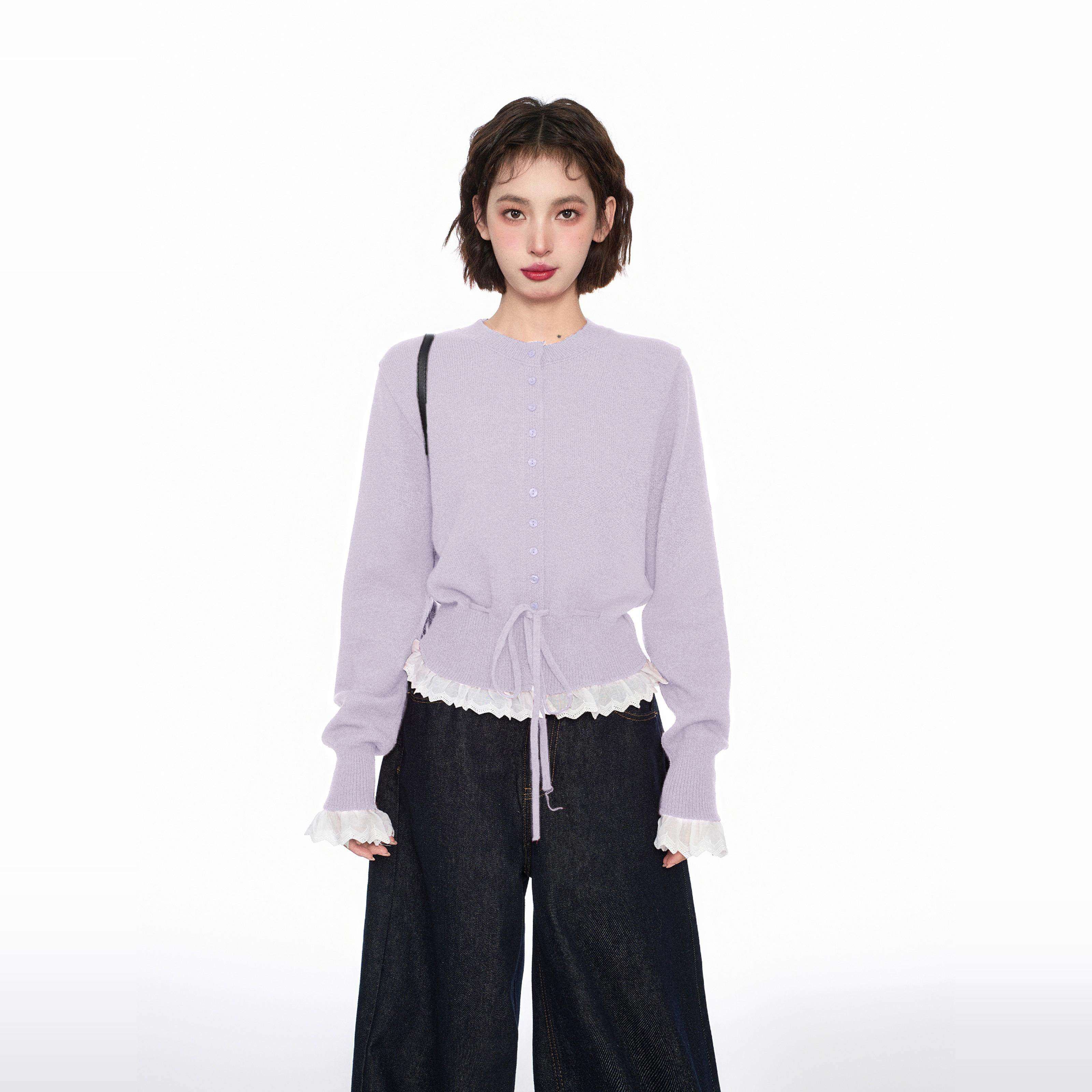 淡紫色假两件蕾丝针织开衫女秋冬设计感收腰毛衣外套短款上衣秋季,淘宝优惠券,粉丝福利购,淘宝优惠卷