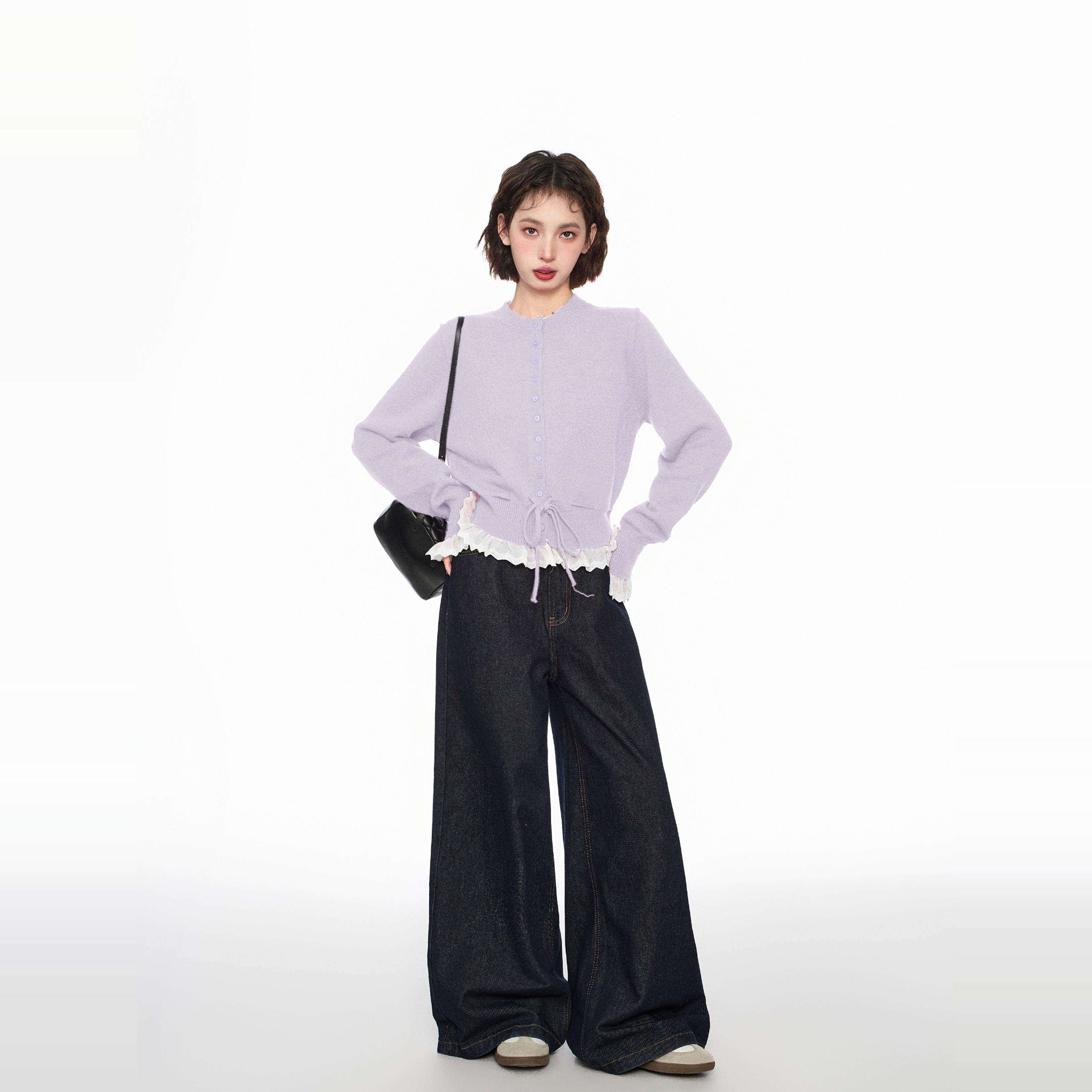 淡紫色假两件蕾丝针织开衫女秋冬设计感收腰毛衣外套短款上衣秋季,淘宝优惠券,粉丝福利购,淘宝优惠卷