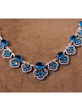 华丽蓝色镶钻花朵项链耳环套装重工宴会高端配饰超闪婚纱礼服项链