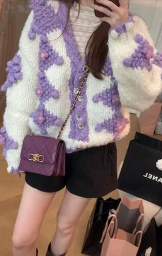 MMC 甜美风重工手工钩花球球加厚短开衫女秋冬新款小清新棒针毛衣 - 图2