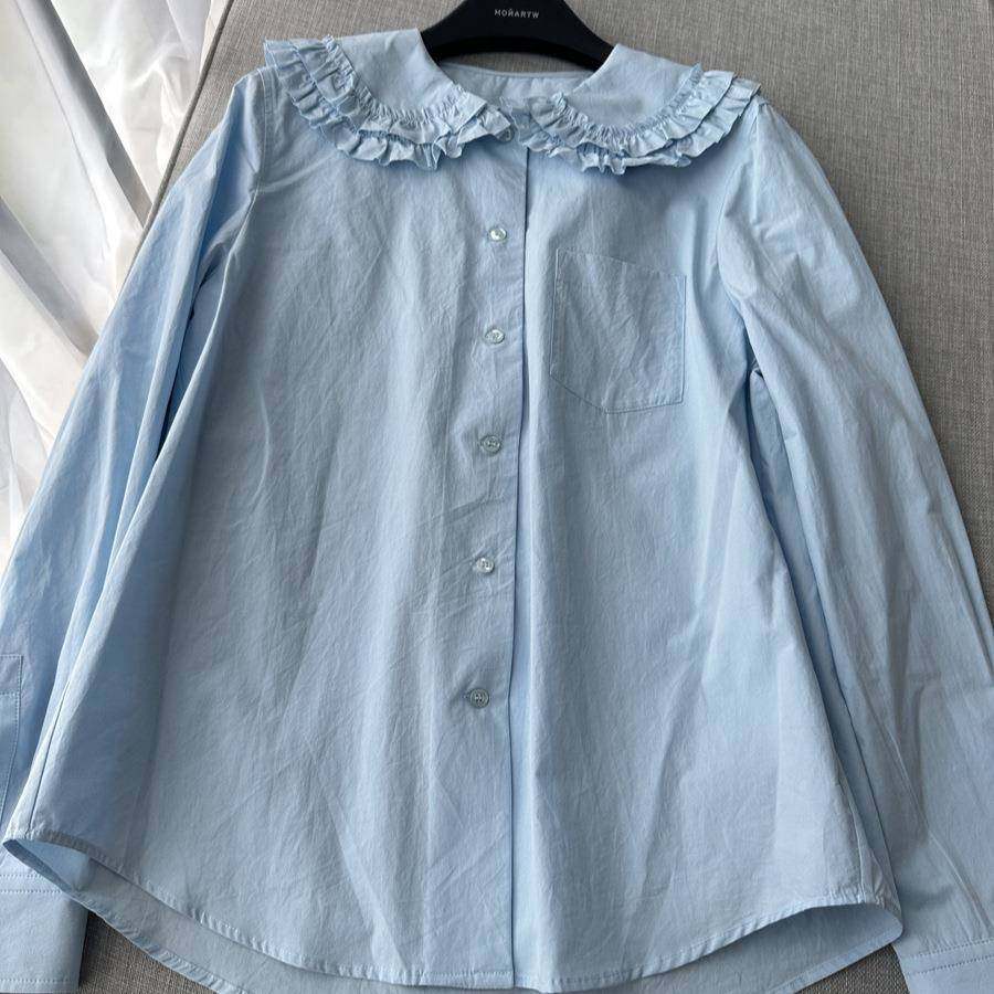 Mona家 100棉 简约百搭 娃娃翻领花边设计长袖衬衫女小个子2025新,淘宝优惠券,粉丝福利购,淘宝优惠卷