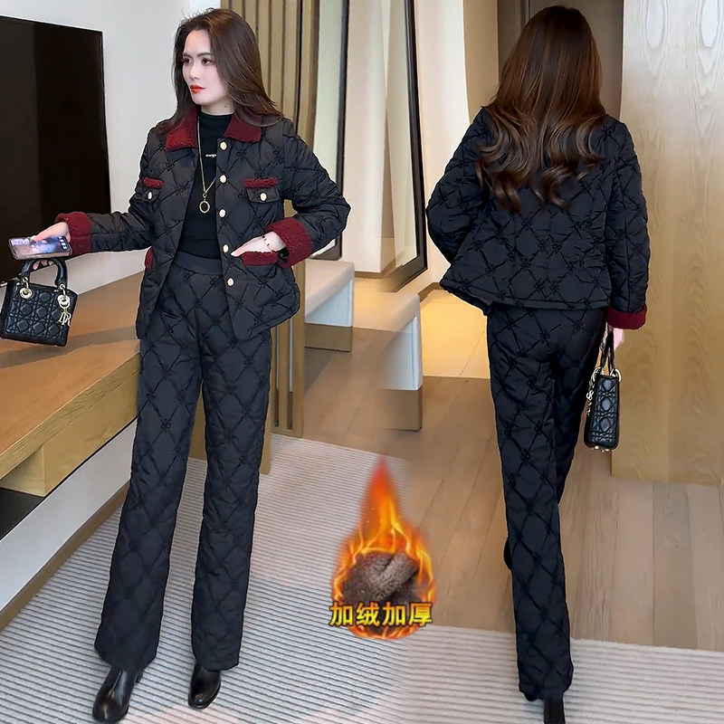 加绒加厚时尚套装女冬季洋气质小香风提花棉服外套保暖棉裤两件套,淘宝优惠券,粉丝福利购,淘宝优惠卷