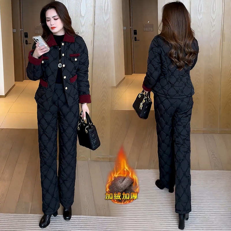 加绒加厚时尚套装女冬季洋气质小香风提花棉服外套保暖棉裤两件套,淘宝优惠券,粉丝福利购,淘宝优惠卷