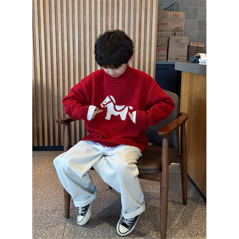 凯文家童装2026年货新款男童中大童韩版小马圆领毛衣儿童针织衫,淘宝优惠券,粉丝福利购,淘宝优惠卷
