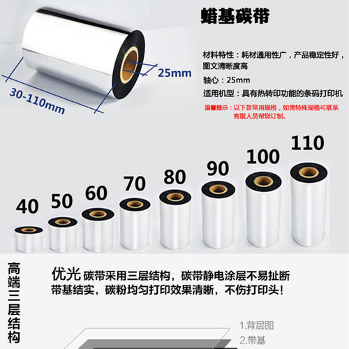 蜡基碳带110*300米条码机色带腊基标签机打印热转印TSC244印字膜 - 图1