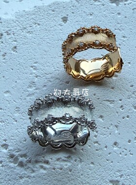 小众重工精致犹如蕾丝般S925纯银镀18K金拉丝镶嵌锆石开口戒指