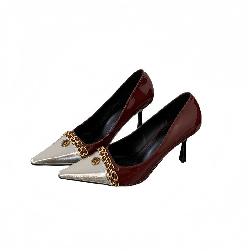 2026春季新款金属链拼色气质尖头细跟中跟单鞋高跟浅口女鞋子,淘宝优惠券,粉丝福利购,淘宝优惠卷