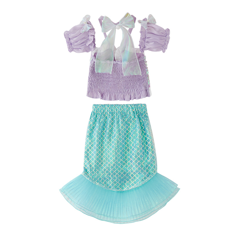 新款儿童美人鱼公主套装女童海边度假夏装宝宝亮片鱼尾裙两件套 - 图1