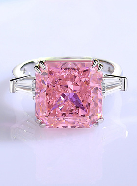 S925纯银高碳钻海蓝宝戒指公主方冰花切仿真钻戒欧美轻奢时尚饰品