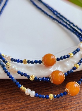 复古美拉德风天然高品质黄老蜜蜡天然青金石淡水珍珠项链