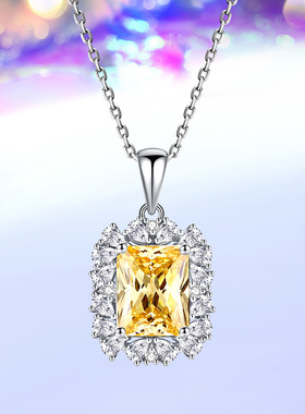 海蓝高碳钻s925银项链长方形碎花切满钻项链轻奢高级方糖彩钻吊坠