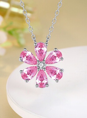 女紫色典雅六瓣钻花项链S925纯银HW轻奢小香风水滴锆石吊坠毛衣链