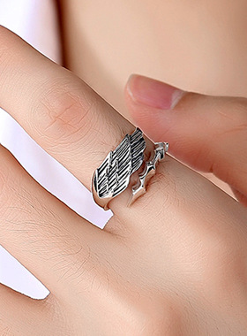 复古泰银天使翅膀开口戒指男女款