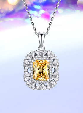 新款S925通体纯银项链高碳钻S碎花切吊坠锁骨链重工豪镶海蓝宝色